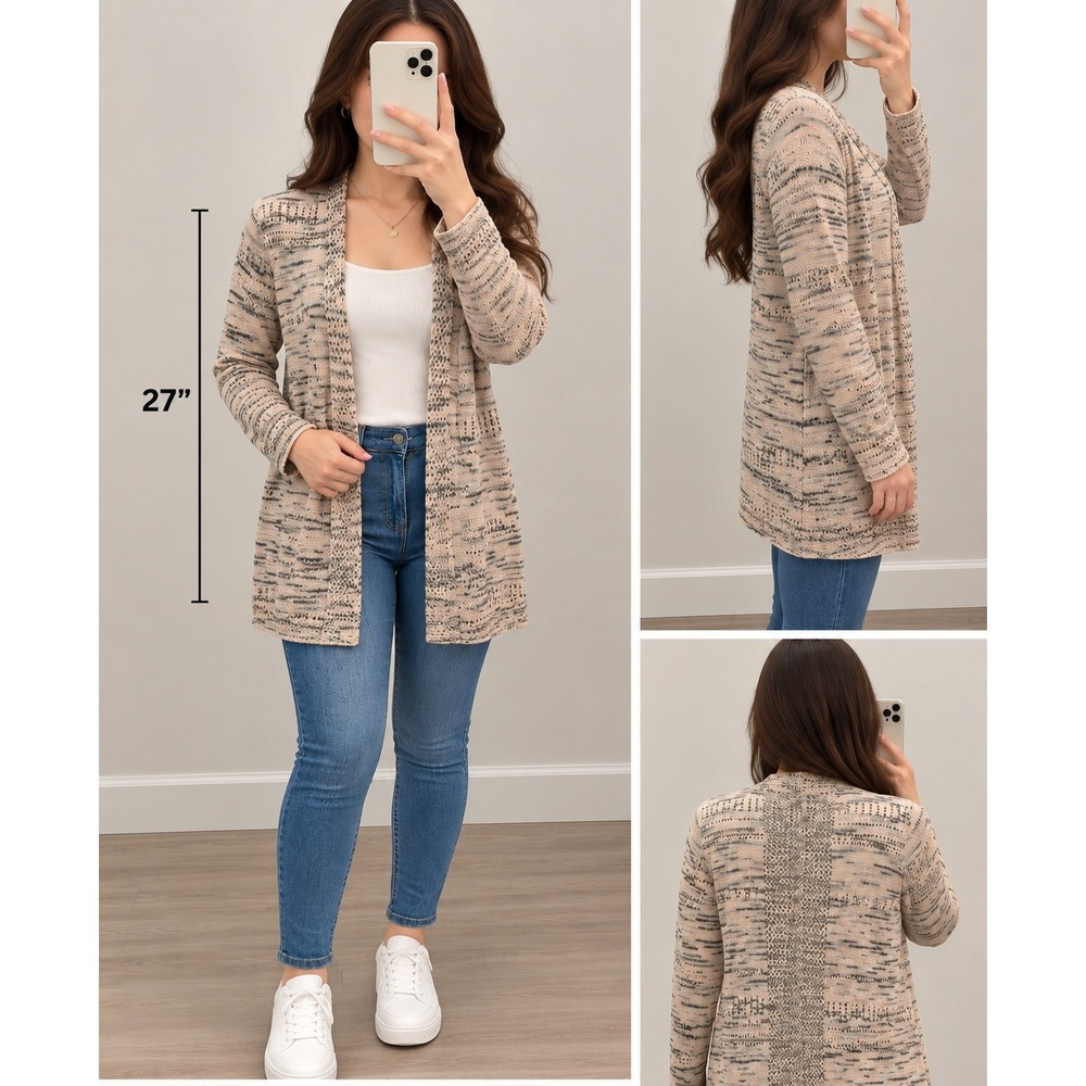 Knox Rose Womens Small Tan Gray Space Dye Open Front Cardigan Sweater Knit